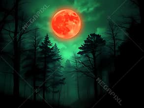 A dark forest with glowing green mist, and omnious tree silhouettes, under a red moon, backgrounds, horor, mystery