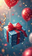 Festive gift box floating amidst colorful balloons
