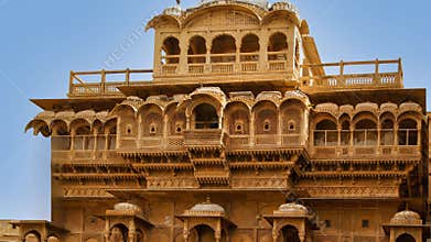 Exterior architecture of the Jaisalmer Fort Rajasthan made of yellow limestone with intricate artwork. Rajasthan