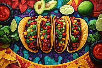 mexican food art, colorful food illustrations of tacos, burritos, and nachos showcased against a lively fiesta backdrop
