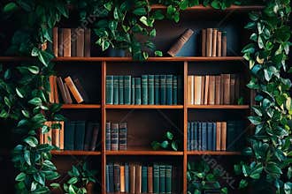 A contemporary bookshelf filled with books and adorned with lush plants for modern virtual office backgrounds
