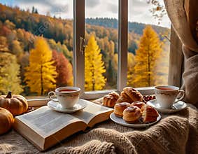 Decorative Table with Autumn Scene, Warm Tea and Pastry