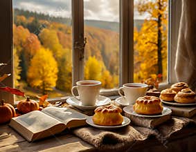 Decorative Table with Autumn Scene, Warm Tea and Pastry