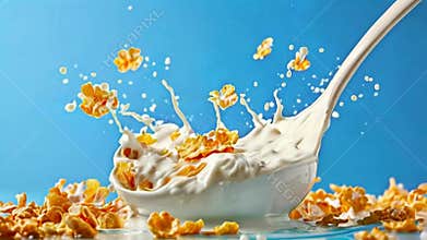 Corn flakes in bowl with milk pour and splash.