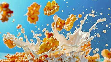 Corn flakes with milk splash.