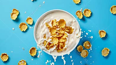 Corn flakes in bowl with milk splash.