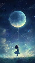 Girl reaching for moon-shaped balloon in a magical night sky