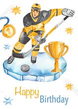 Watercolor hockey happy birthday card with hockey player, cup, medal for boy