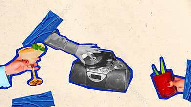 Stop motion, animation. Creative design with delicious alcoholic cocktails, retro radio player. Party time, celebration