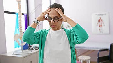 Stressed middle age hispanic woman physio therapist at rehab clinic, hand on aching head. suffering from a pounding migraine amid