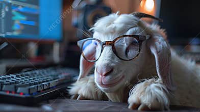 A goat wearing glasses and sitting next to a keyboard, AI