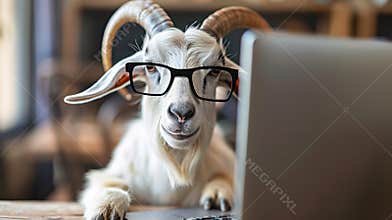 A goat wearing glasses and sitting in front of a laptop, AI