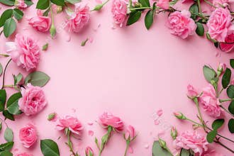 Women's Day, Mother's day top view, light pink solid background; frame from pink roses flowers, studio light
