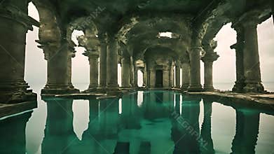 Lost civilization of Atlantis deep in the ocean. Underwater ruins. Magic blue ocean with ancient antique ruins, deep sea
