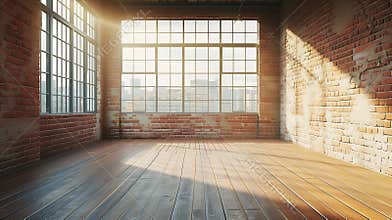 Generative AI Empty room with big window in loft style. Wooden floor and brick wall in a modern interior business