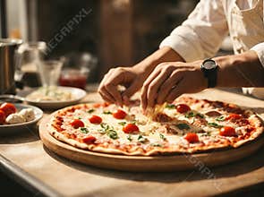 Pizza making process. Male chef hands making authentic pizza in the pizzeria kitchen.