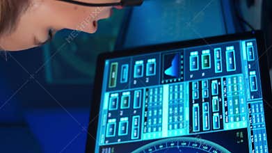 Workplace of the air traffic controllers in the control tower. Team of professional aircraft control officers works