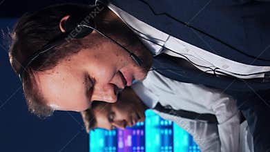 Workplace of the air traffic controllers in the control tower. Team of professional aircraft control officers works