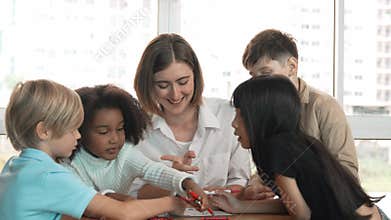 Student and teacher drawing and coloring by using marker or crayon. Erudition.