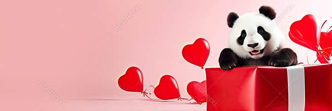 Adorable panda bear with gif box and red heart shaped balloons. Valentine’s Day holiday, Women's Day design
