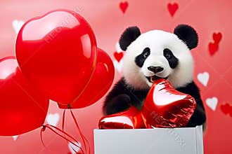 Adorable panda bear with gif box and red heart shaped balloons. Valentine’s Day holiday, Women's Day design