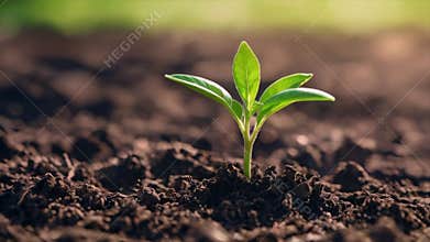 Little green seedling growing in soil, closeup
