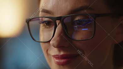 Close up shot of nervous business lady control the stocks market updates in eyeglasses reflection. Professional trader