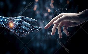 Human hand touching robot finger with digital connections background. Symbolizing AI-human collaboration