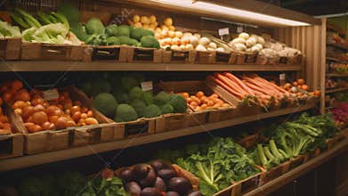 Fruits and vegetables on shelves in supermarket. Grocery store. Grocery and vegetable shelves in the supermarket, AI Generated