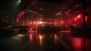 Interior of a night club with tables and chairs, lights and smoke, empty nightclub, with dim lighting casting a soft warm glow, AI