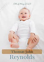 Composition of thomas john reynolds text with birth date over caucasian baby on white background