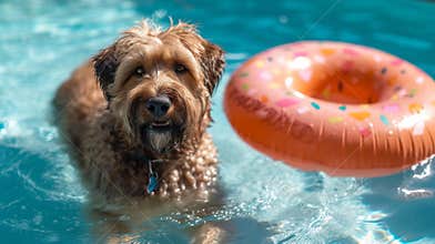 A large shaggy dog swims in a pool next to an inflatable circle in the shape of a donut