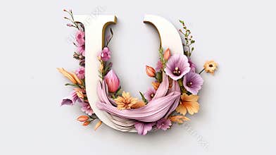 Serif Typeface Typographical Logo with Floral Design Featuring Letter 'U'. Spring, Summer