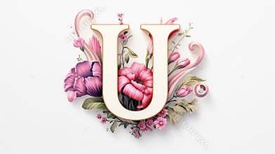 Serif Typeface Typographical Logo with Floral Design Featuring Letter 'U'. Spring, Summer