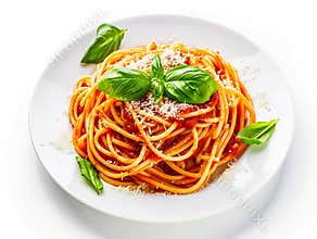 Generative AI Spaghetti with tomato sauce, parmesan and mozzarella cheese decorated with basil. on white b