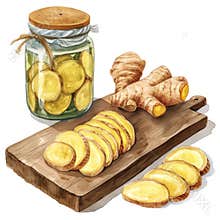 Watercolor ginger root and slices, pickled ginger