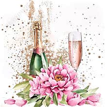 pink flower in a vase, champagne, animation printed poster, in the glamour style, golden glitter watercolor illustration