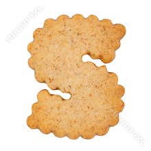 Cookie letter S from alphabet set isolated on white background. biscuit font, cracker letters, cracker cookies alphabet