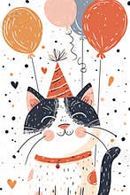 modern doodle illustration happy birthday cat