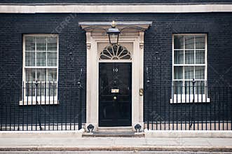 Entrance door of 10 Downing Street in London, UK