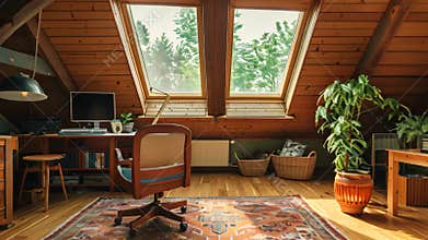 A room with a wooden floor and a large window in a cozy attic space with sloped ceilings, A cozy attic workspace with sloped