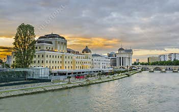 Dramatic colorful sunrise view of downtown of Skopje, Macedonia