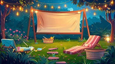 Animated summer clipart of an outdoor movie theater with picnic baskets, chaises and lightbulb garland in a park, garden