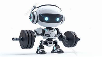 Animated robot train with dumbbells, cute chatbot pumping muscles on a white background. Cyborg sports assistant