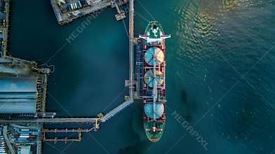 Generative AI Aerial drone ultra wide panoramic photo with copy space of LNG Liquified Natural Gas tanker anchored