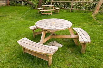 Wooden table with benches