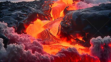 Beautiful volcanic landscape at Kilauea Volcano, Hawaii, USA, Lava entering the ocean with many small flows