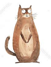 Cute silly cartoonish cat which for Happy birthday card. Watercolor painting