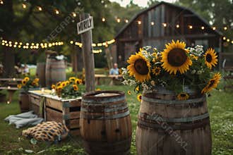 Rustic Wedding Decor with Sunflowers on Wooden Barrels, String Lights, and Barn Background