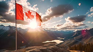Canadian flag waving in the wind against a background of mountains and lake, Canada flag and beautiful Canadian landscapes